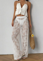 Lace embroidery low waisted straight leg pants with transparent jacquard long pants