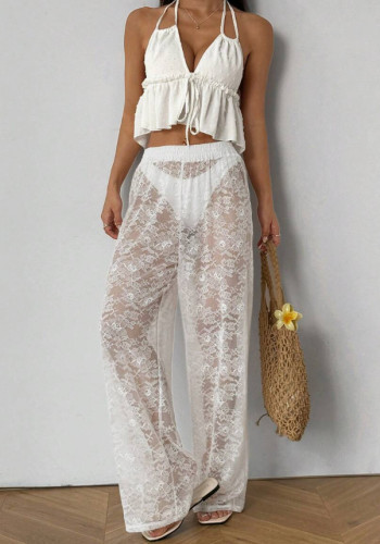 Lace embroidery low waisted straight leg pants with transparent jacquard long pants