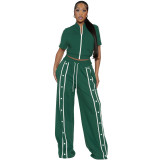 Sports strap buckle loose pocket wide leg pants zipper set