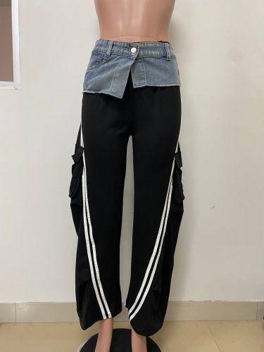 Cowboy patchwork elastic waistband loose straight leg pants