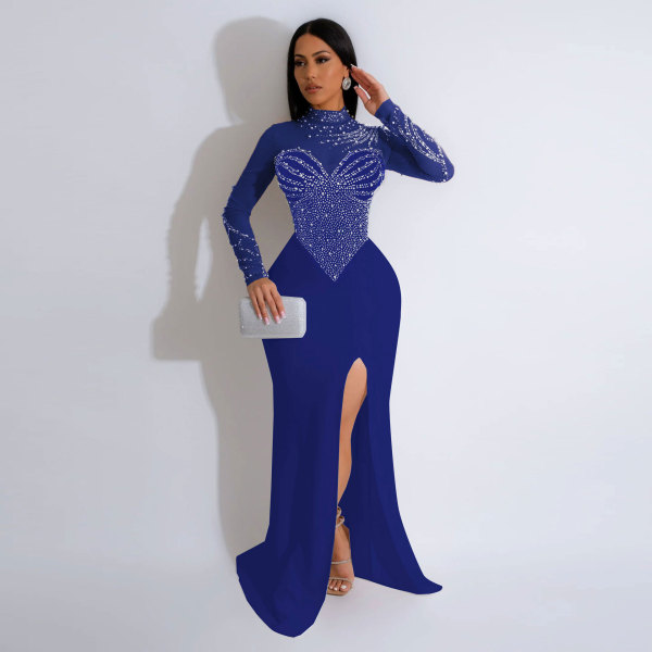 Hot stamping pearl perspective waist bag hip slit dress K2986