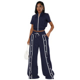 Sports strap buckle loose pocket wide leg pants zipper set