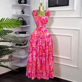 Printed short vest, high waist, large swing skirt set