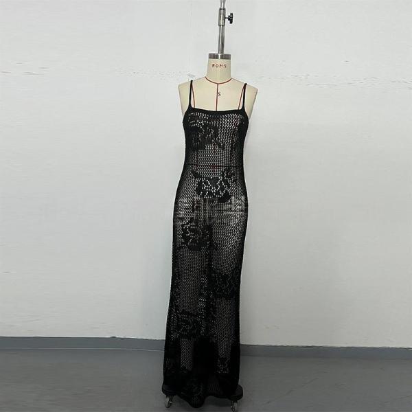 U-neck solid color suspender hollow out long skirt beach dress