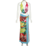 Hanging neck backless top split skirt set