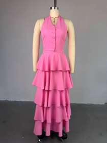 Hanging neck vest high waisted cake skirt two-piece set