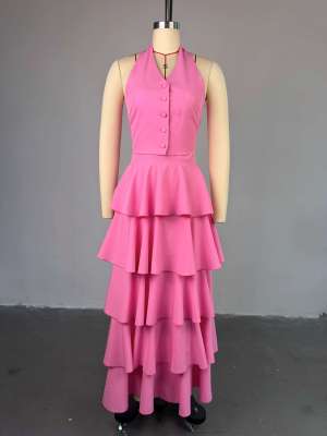 Hanging neck vest high waisted cake skirt two-piece set