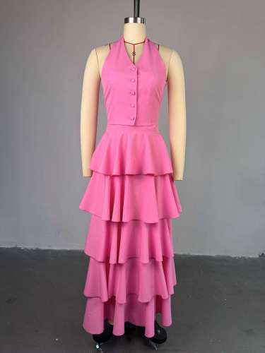 Hanging neck vest high waisted cake skirt two-piece set