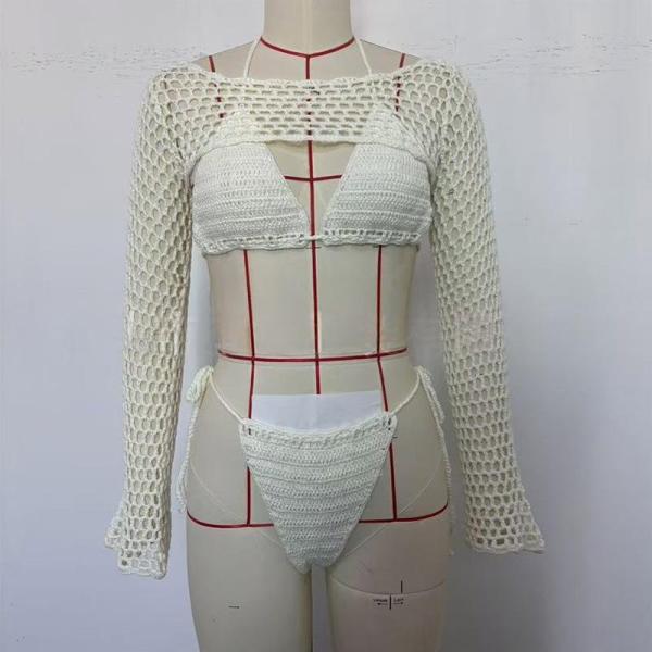 3-piece set of crochet, braided straps, hollowed out long tassel bikini top