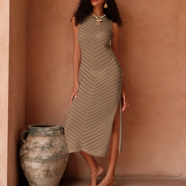 Hollow knit waist cinched sleeveless side slit skirt cover shirt