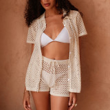 Beach Short sleeved Cardigan Shorts Hollow Knitted Hoodie Set