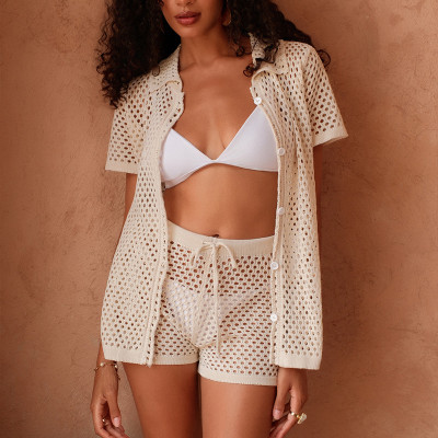 Beach Short sleeved Cardigan Shorts Hollow Knitted Hoodie Set