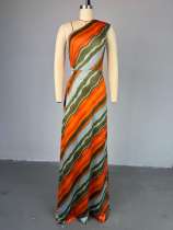 Striped diagonal shoulder collar high waisted A-line dress long skirt