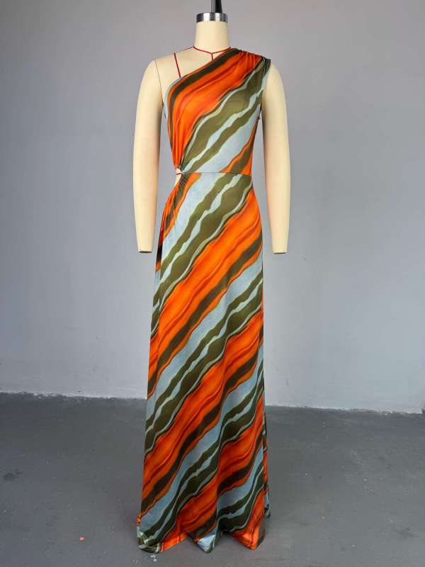 Striped diagonal shoulder collar high waisted A-line dress long skirt