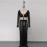 Hollow out bikini tie short top long skirt cover set
