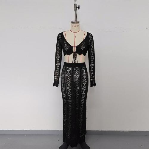 Hollow out bikini tie short top long skirt cover set