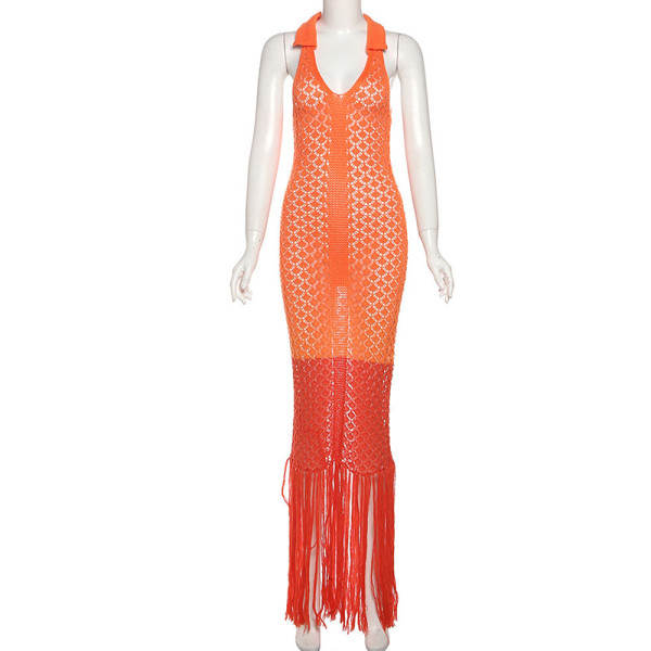 Hollow transparent long skirt with a lapel dress