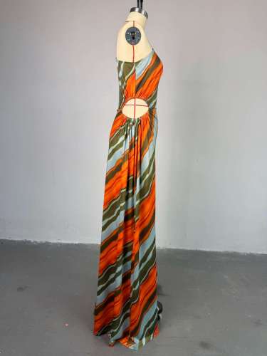 Striped diagonal shoulder collar high waisted A-line dress long skirt