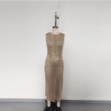 Hollow knit waist cinched sleeveless side slit skirt cover shirt
