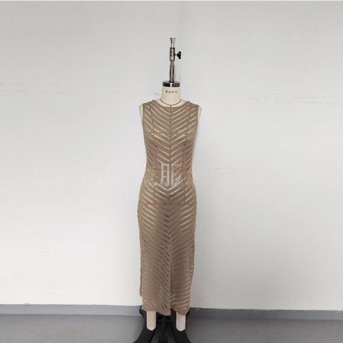 Hollow knit waist cinched sleeveless side slit skirt cover shirt