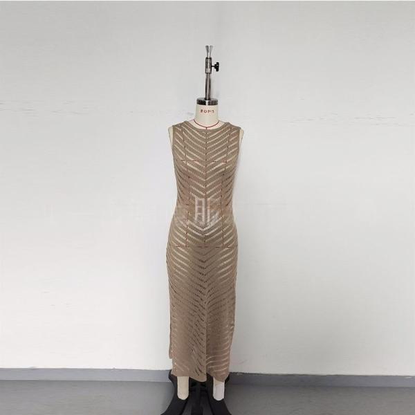 Hollow knit waist cinched sleeveless side slit skirt cover shirt