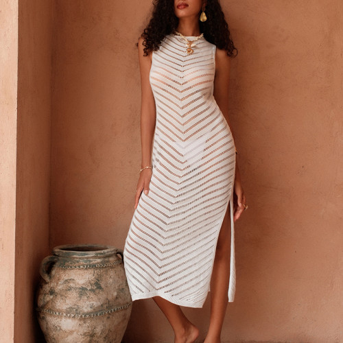 Hollow knit waist cinched sleeveless side slit skirt cover shirt