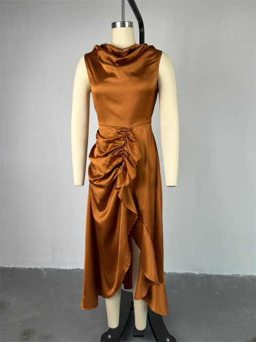 Sleeveless ruffled mid length high waisted dress