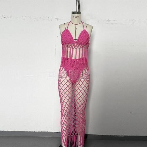 Hand hook long fringe beach backless swimsuit bikini set