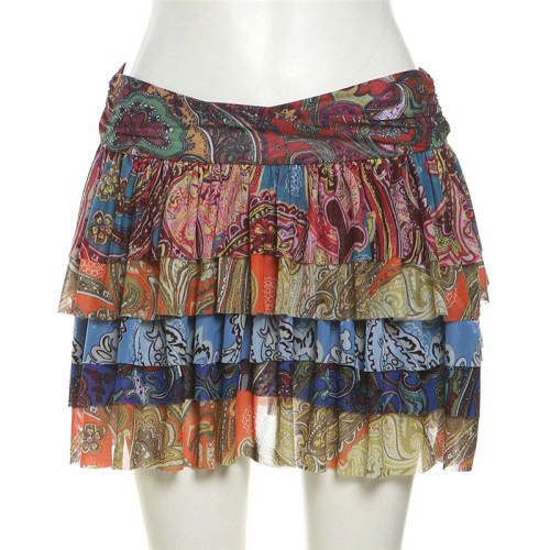 Cake skirt high waisted retro printed midi skirt