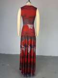 Printed round neck high waisted slit dress long skirt