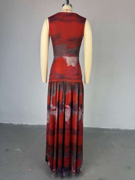Printed round neck high waisted slit dress long skirt