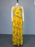 Printed V-neck camisole high waisted pleated dress long skirt