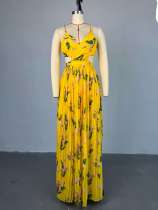 Printed V-neck camisole high waisted pleated dress long skirt