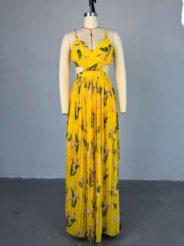 Printed V-neck camisole high waisted pleated dress long skirt