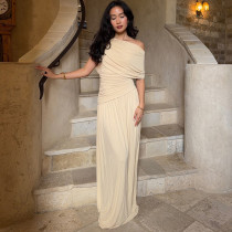 Slanted collar, off shoulder, waist cinched long dress