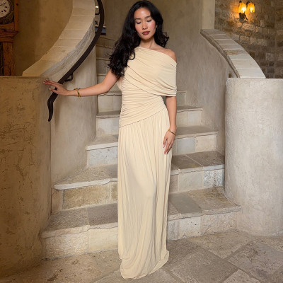 Slanted collar, off shoulder, waist cinched long dress