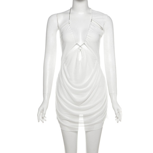Solid color hollow out single shoulder V-neck short dress