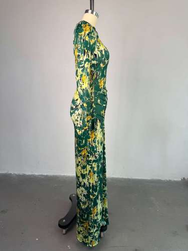 Printed hollow collar long sleeved high waisted hip hugging dress