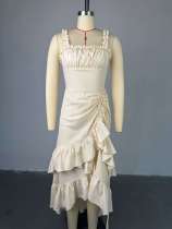 Long dress with camisole, high waist, ruffled hem, and one-piece hem