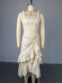 Long dress with camisole, high waist, ruffled hem, and one-piece hem