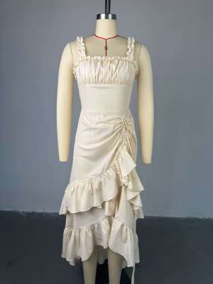 Long dress with camisole, high waist, ruffled hem, and one-piece hem