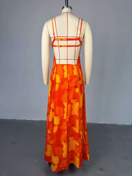 Printed suspender strapless high waisted A-line jumpsuit long skirt