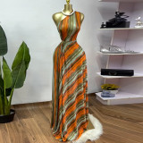 Striped diagonal shoulder collar high waisted A-line dress long skirt