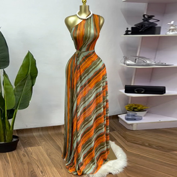 Striped diagonal shoulder collar high waisted A-line dress long skirt