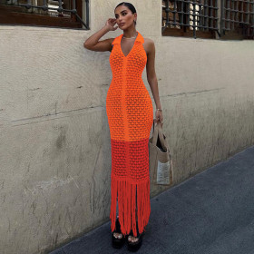 Hollow transparent long skirt with a lapel dress