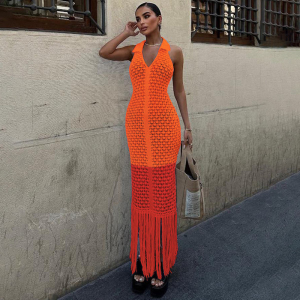 Hollow transparent long skirt with a lapel dress