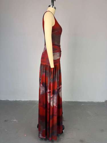 Printed round neck high waisted slit dress long skirt