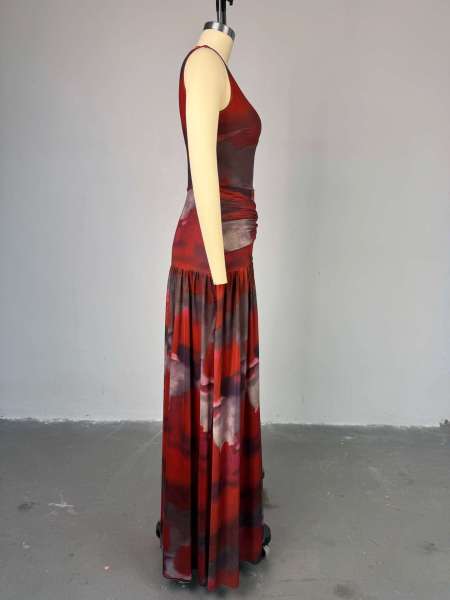 Printed round neck high waisted slit dress long skirt