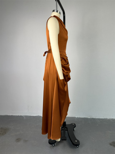 Sleeveless ruffled mid length high waisted dress