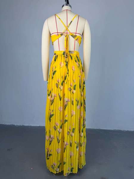 Printed V-neck camisole high waisted pleated dress long skirt